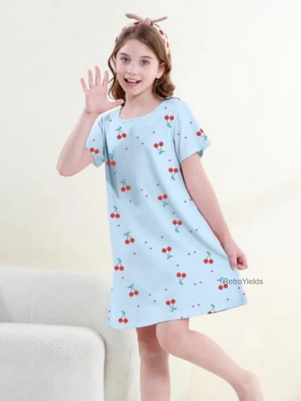 Girls Cotton Nightgown Short Sleeve Sleep Shirt Knee Length